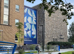 Devanture du Collège de Maisonneuve sur la rue Sherbrooke Est. Une grande murale aux teintes de bleu avec mur de pierre avec ciel bleu